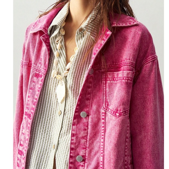 Hot Pink Mineral wash Frayed Hem Button Jean Denim Jacket - Picture 5 of 6